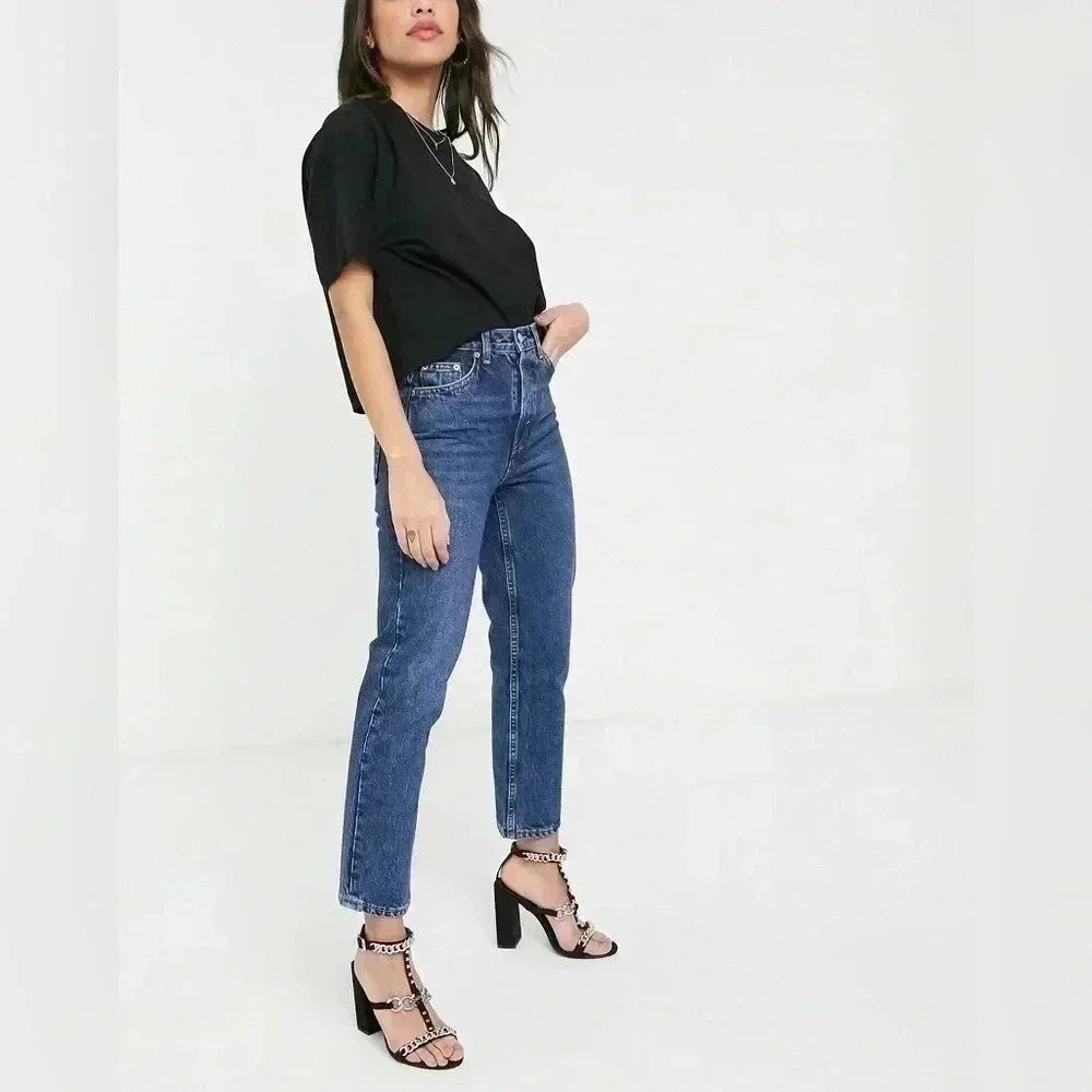 Topshop Straight Leg Jeans High Rise Ankle Crop Dark Blue Denim Size 26